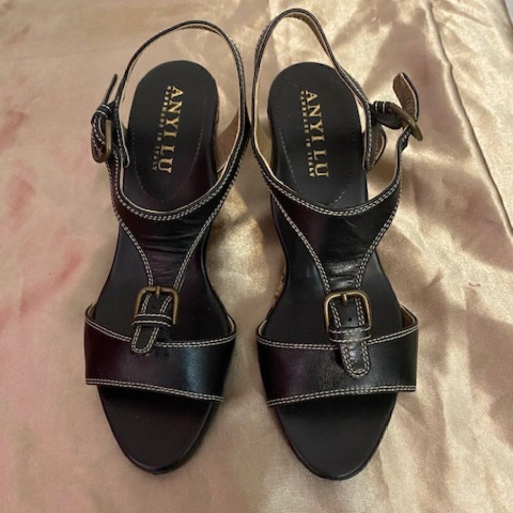 Anyi Lu Black Festive Leather Wedge Sandals, size 36 1/2-6 1/2